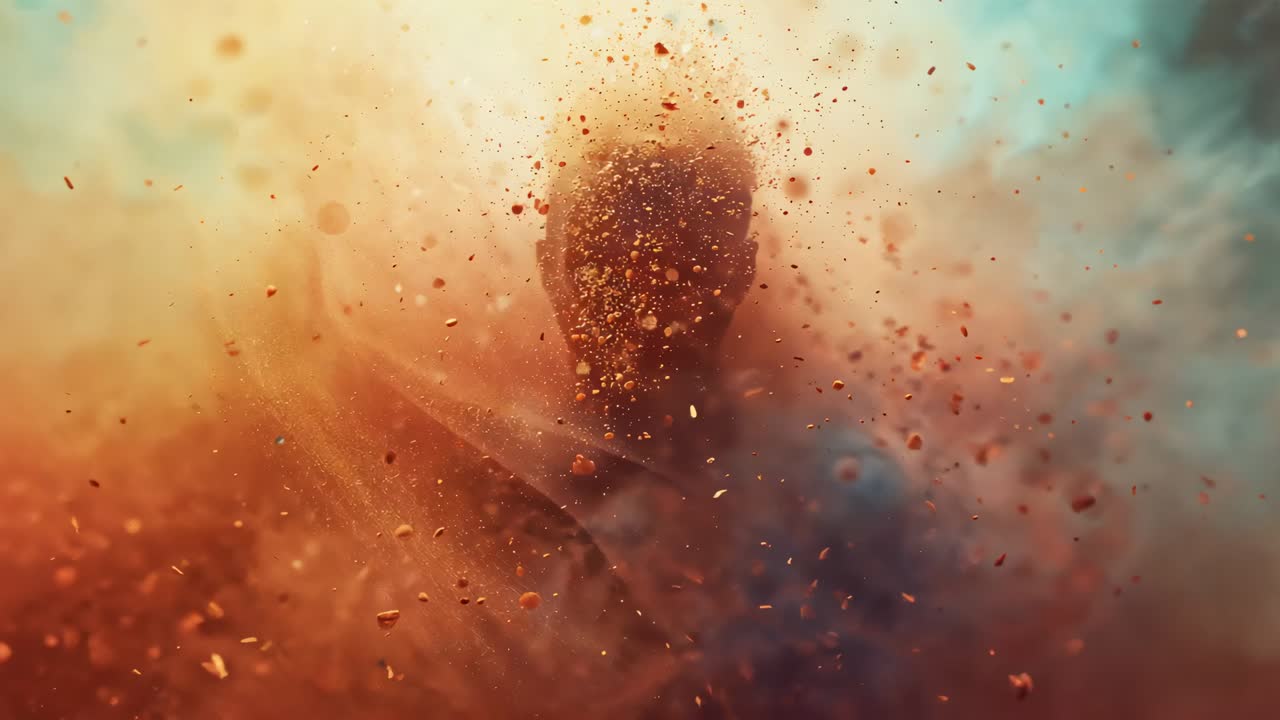 Bursting colored powder revealing man silhouette at studio, exposing head and torso in dark garment