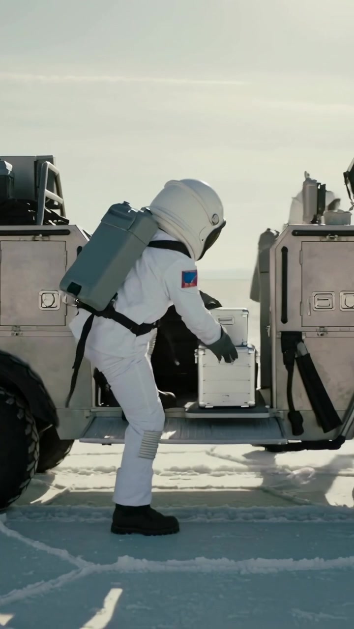 Vertical video: Lifting white-suited crew on rover halt handing metal case off salt flat for setup