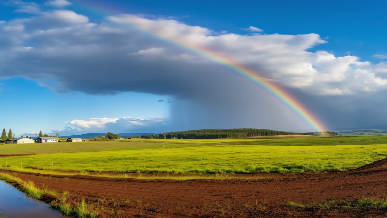 Captivating rainbow arching over a cultivated field beside a farm, featuring an irrigation ditch. Lush mountains and a vibrant forest create a stunning backdrop after a refreshing rain