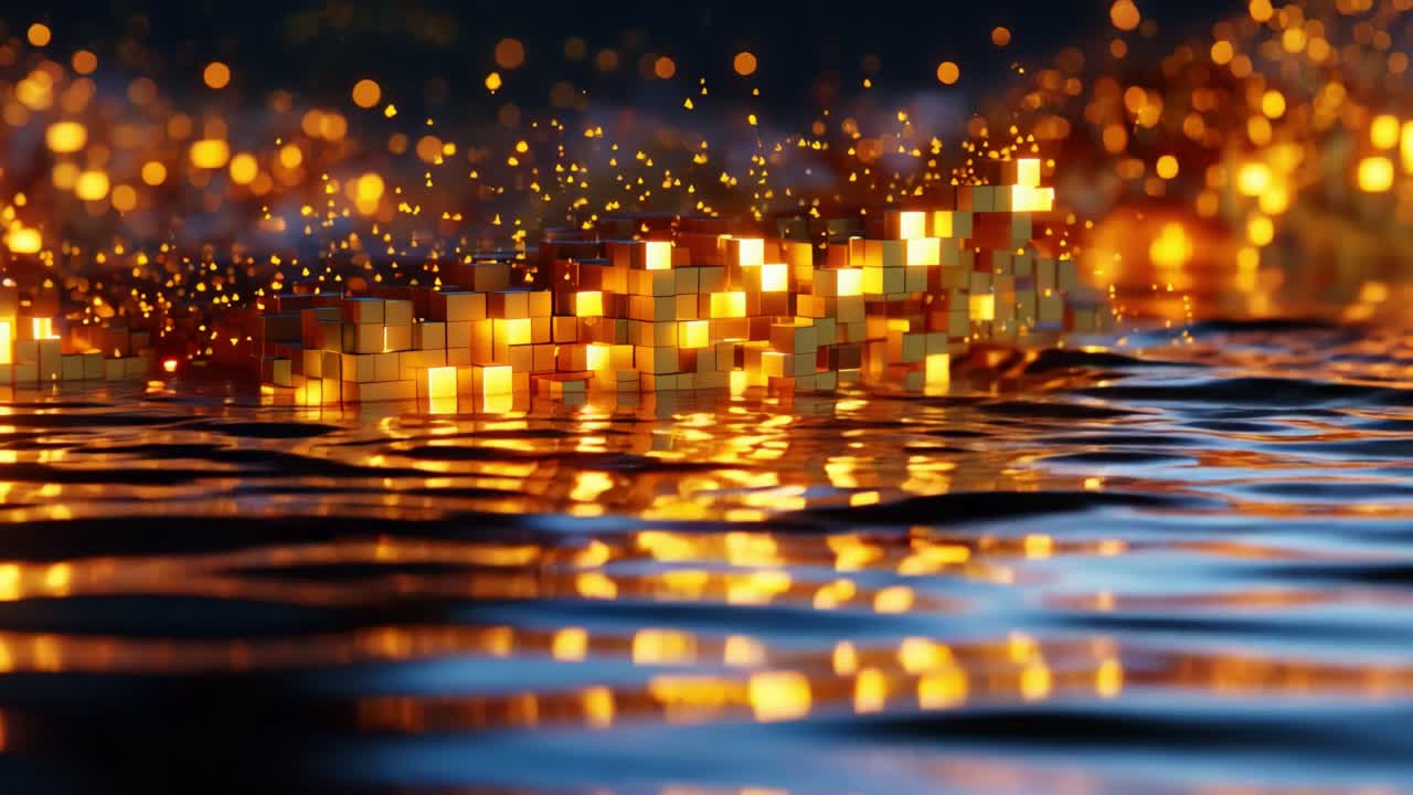 A mesmerizing scene depicting glowing cubes reflecting on tranquil water, set against a backdrop of shimmering lights, creating a captivating atmosphere of warmth and beauty that enchants the senses