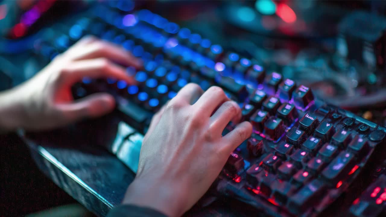 Immersed in the Digital Realm: A Close-Up of Hands Engaged in Intense Keyboard Action in a Neon-Lit Gaming Environment