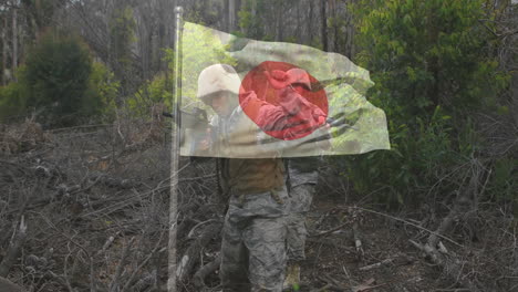 in forest, soldiers with japanese flag overlay symbolizing military presence animation