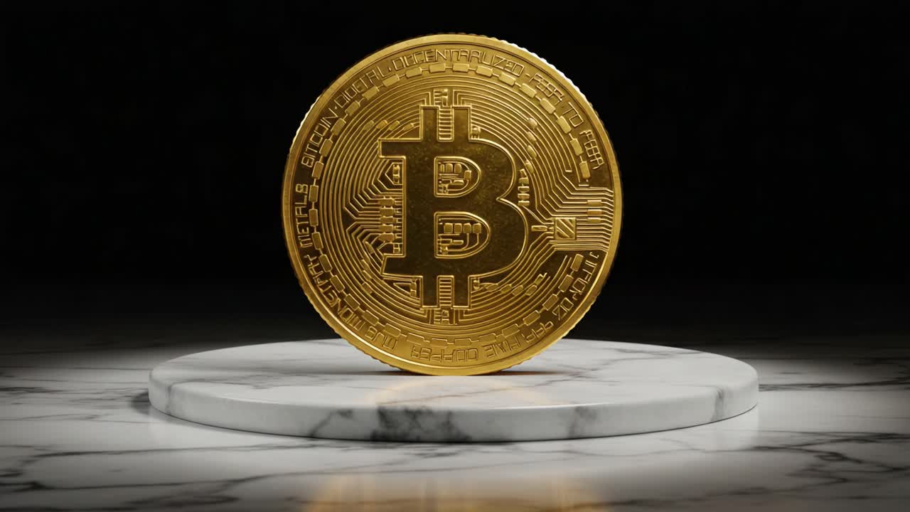 A Stunning Display of Digital Currency: Highlighting the Intricate Details of a Bitcoin Coin on a Marble Base Against a Dark Background