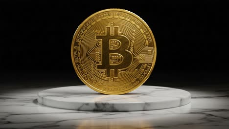 a stunning display of digital currency: highlighting the intricate details of a bitcoin coin on a marble base against a dark background
