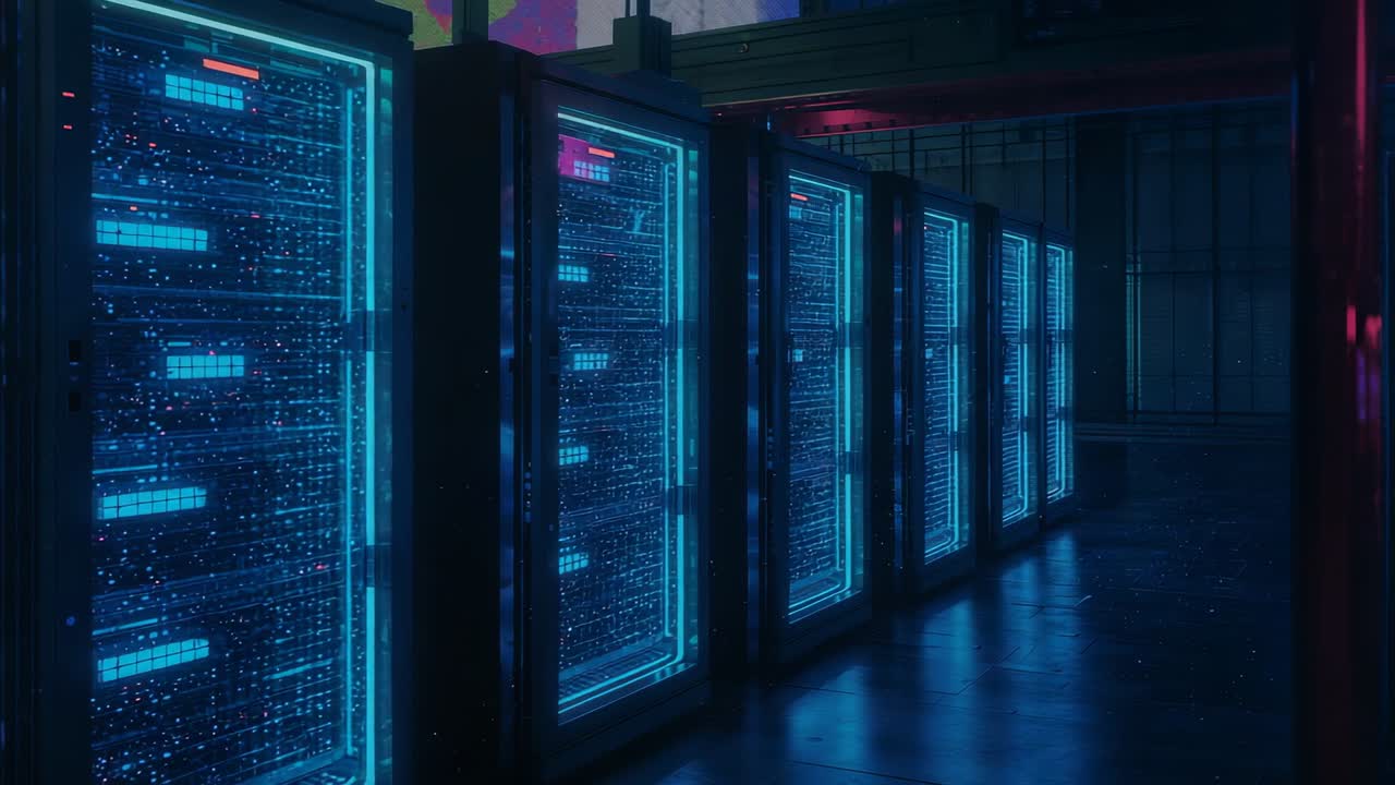 Panning camera moving through data center corridor, showing pulsing LEDs indicating data transfers