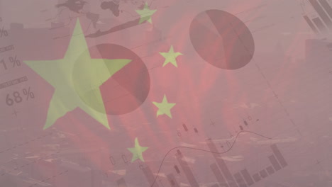 animación de la bandera de china y procesamiento de datos financieros sobre el paisaje urbano
