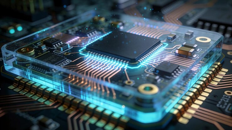 Pulsing microchip responding to cyan light, emitting particles and revealing copper traces on PCB