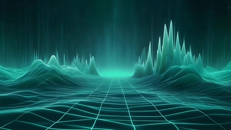 Abstract Digital Landscape with Glowing Green Wireframe Terrain