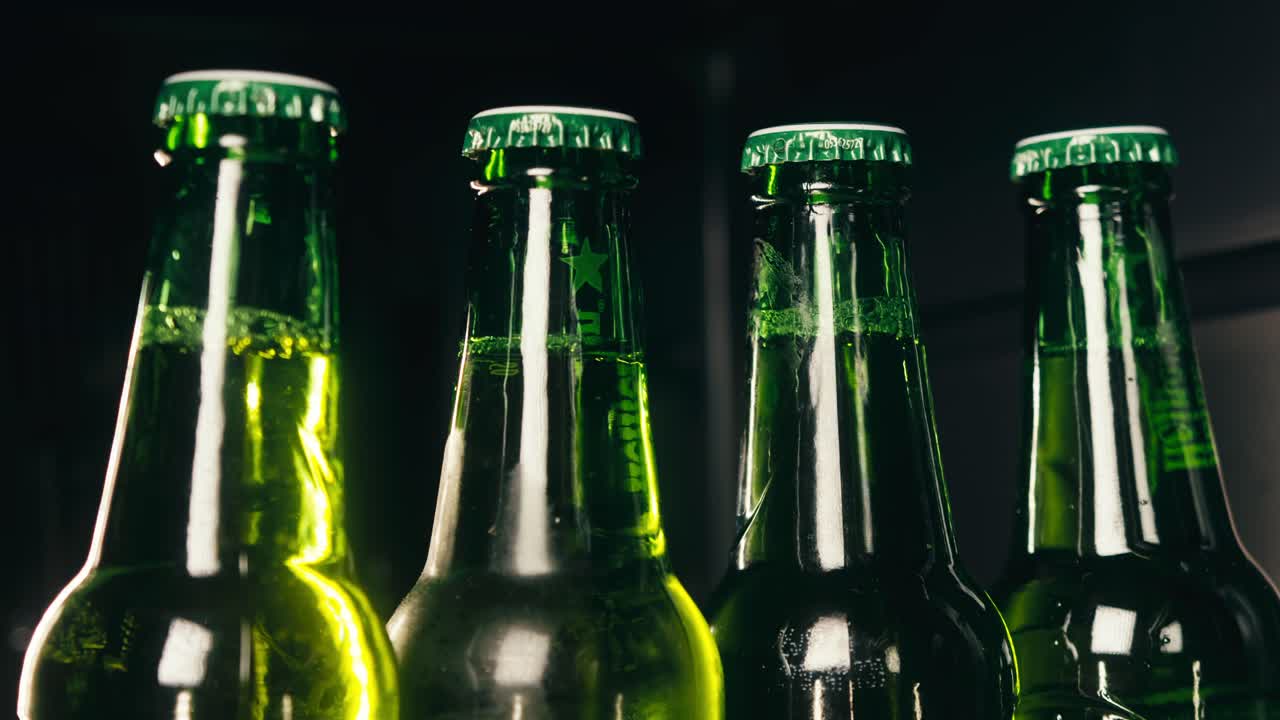 Row of beer bottles in fridge, shop or hotel, cold lager craft german beer or cider, shop supermarket or wine cooler close up.