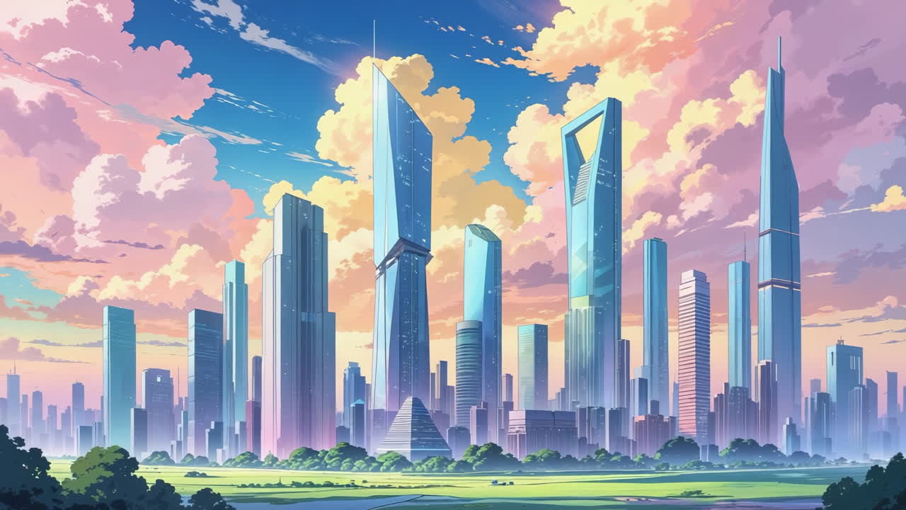 Futuristic Anime Cityscape with Vibrant Sky