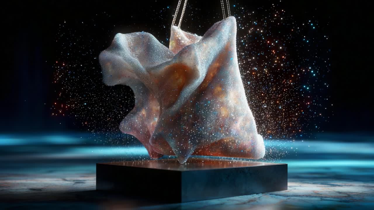 A Captivating Visualization of Ethereal Fluid Dynamics, Showcasing an Enigmatic Organic Shape Suspended in Midair, Surrounded by Radiant Particles and a Dreamlike Luminescence, Amplifying Its Artistic Appeal