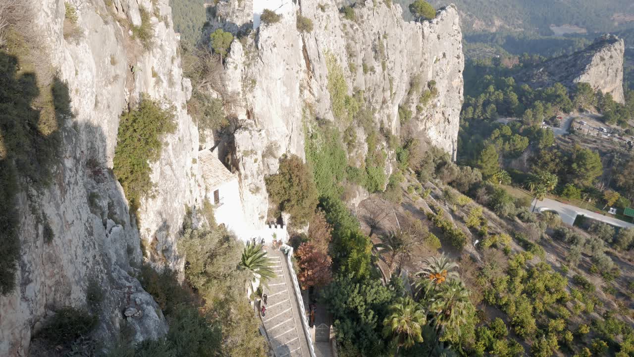 Aerial shot of the stunning entrance to Guadalest Old Town in Alicante, Spain