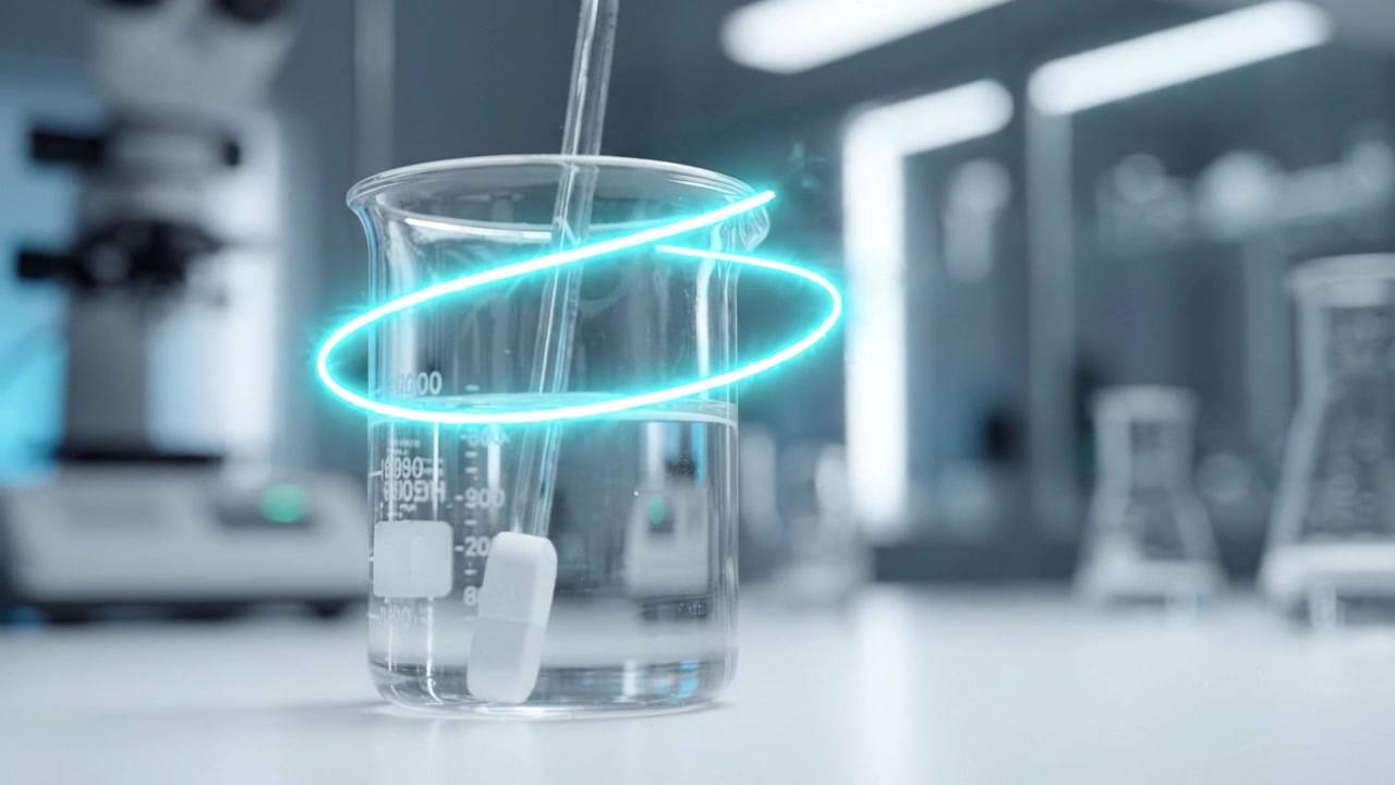 Een wetenschappelijk experiment dat het oplosproces van tabletten in een bekerglas gevuld met heldere vloeistof onder laboratoriumomstandigheden illustreert, met focus op chemische reacties.