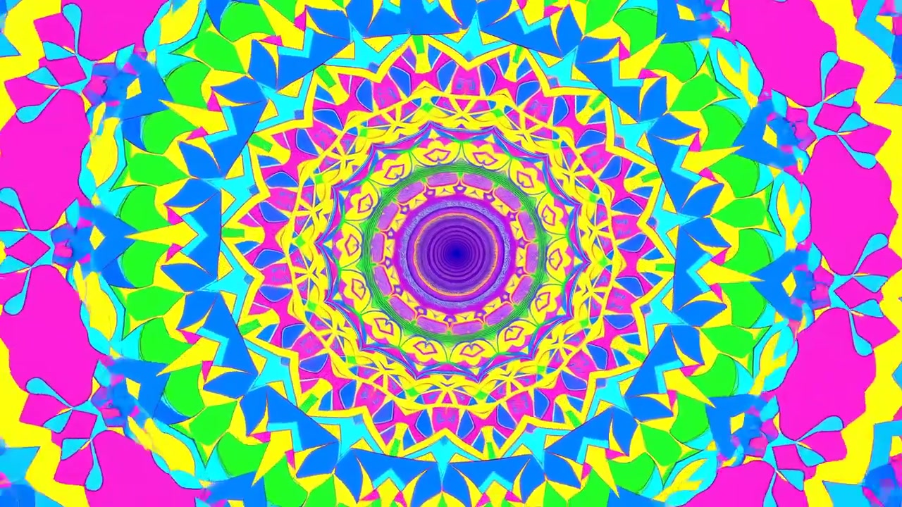 Animazione caleidoscopica mandala al neon vibrante: anelli concentrici vorticosi di rosa, ciano, lime e viola.