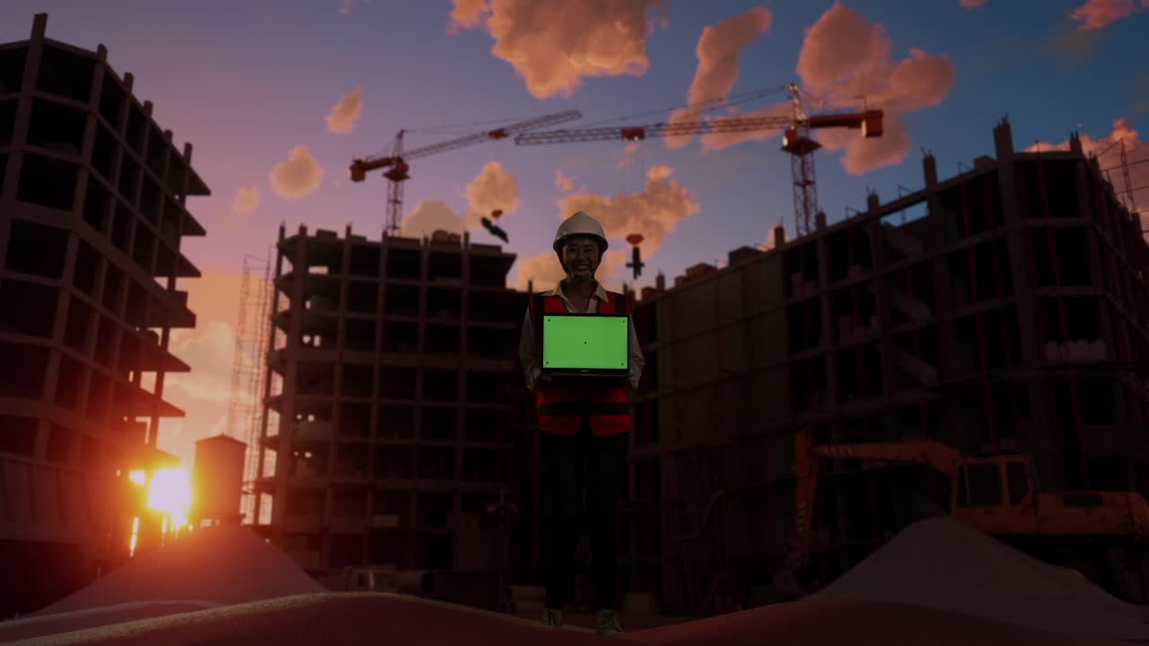 cuerpo lleno de ingeniera asiática con casco de seguridad sonriendo y mostrando portátil de pantalla verde a la cámara mientras está de pie en el sitio de construcción, durante la puesta o el amanecer