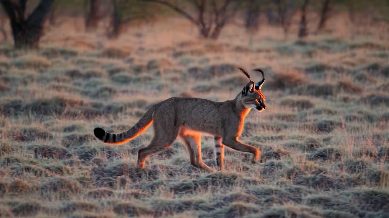 A low-angle video captures a caracal walking through a frosty field at sunrise