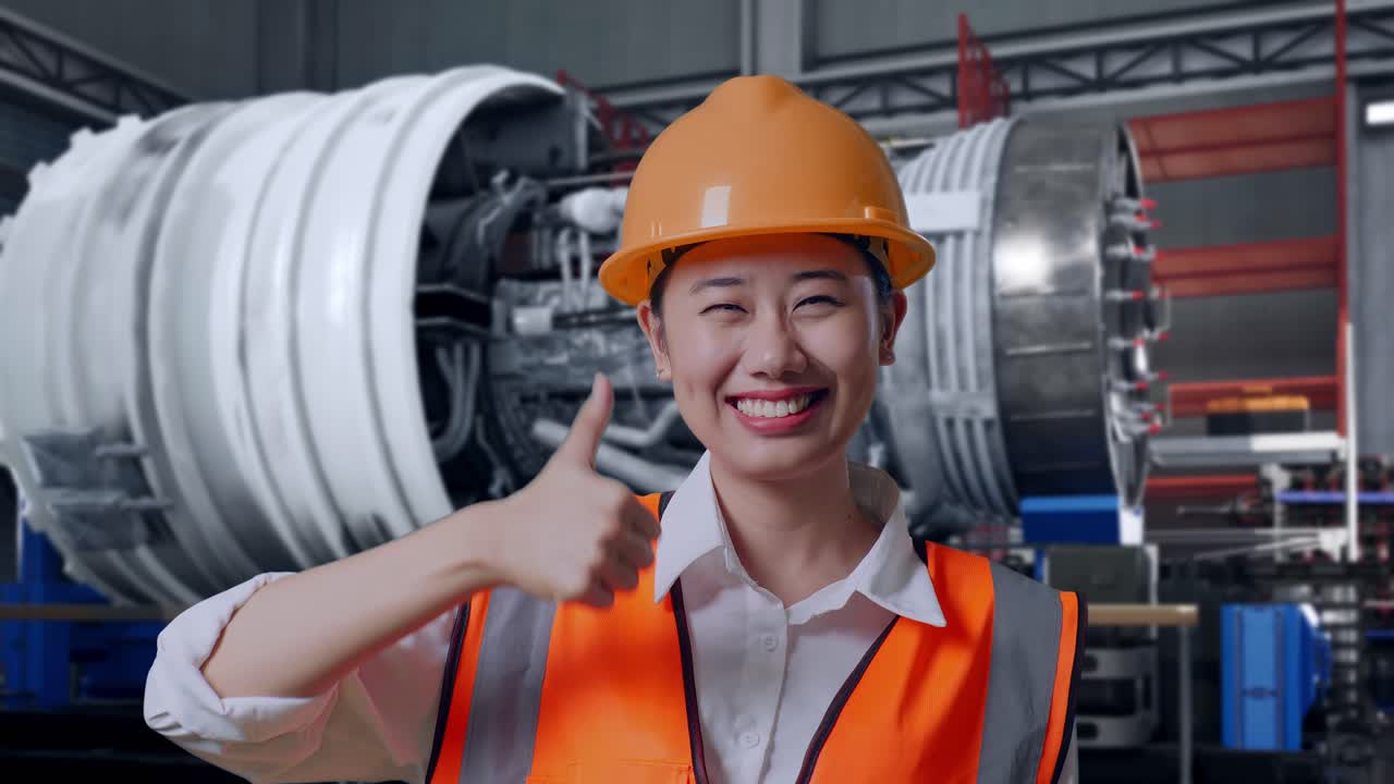Close Up Of Asian Female Engineer With Safety Helmet Smiling And Showing Thumbs Up Gesture To The Camera While Standing With Airplane Engine Maintenance Conducted