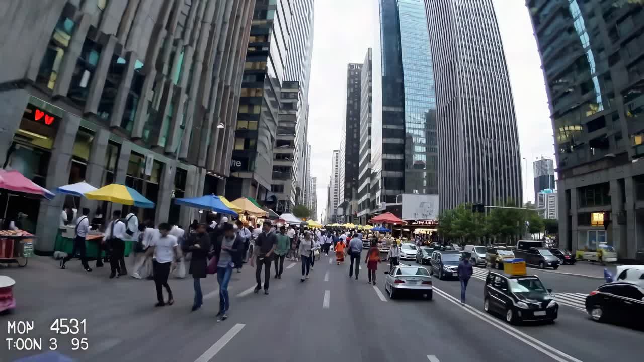 Busy city street with diverse crowd, tall buildings, and cars. People walk, shop, and commute. Urban