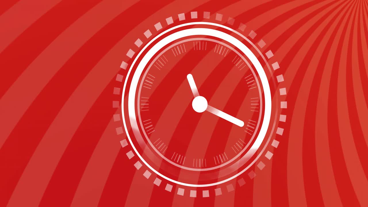 Red-orange background opening, circular HUD drawing rings, rotating hands, rim sweep showing time