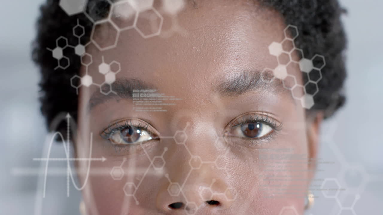 Animation of scientific data processing over african american female scientist