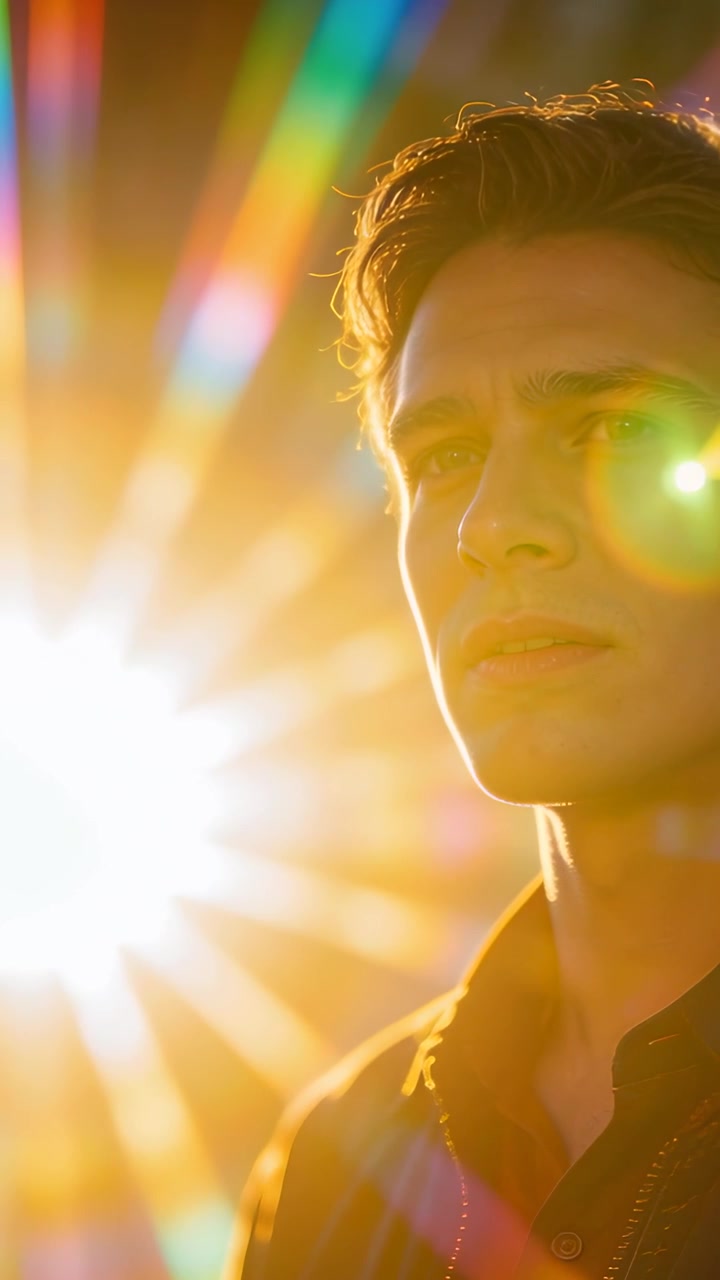 Vertical video: Squinting man turning head as bright sun shifting at sunset, jacket, prism flare