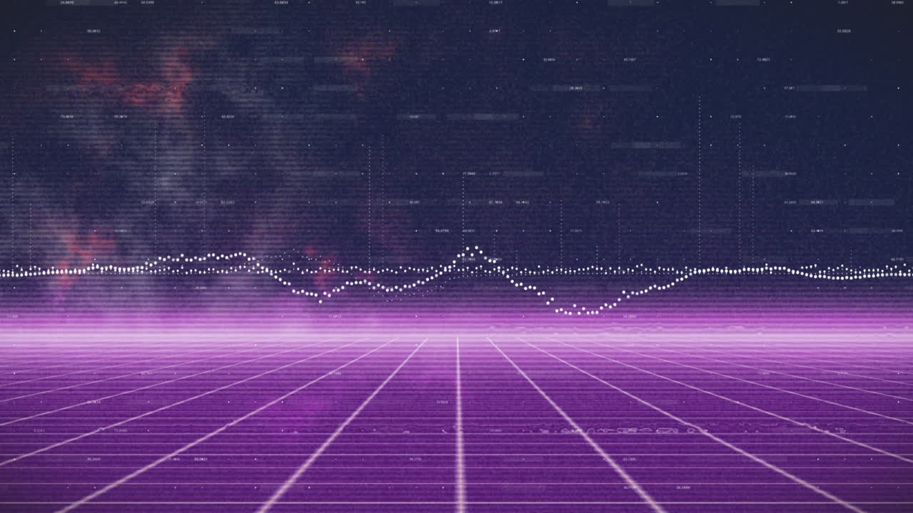 Animation of data processing over purple grid network against blue background