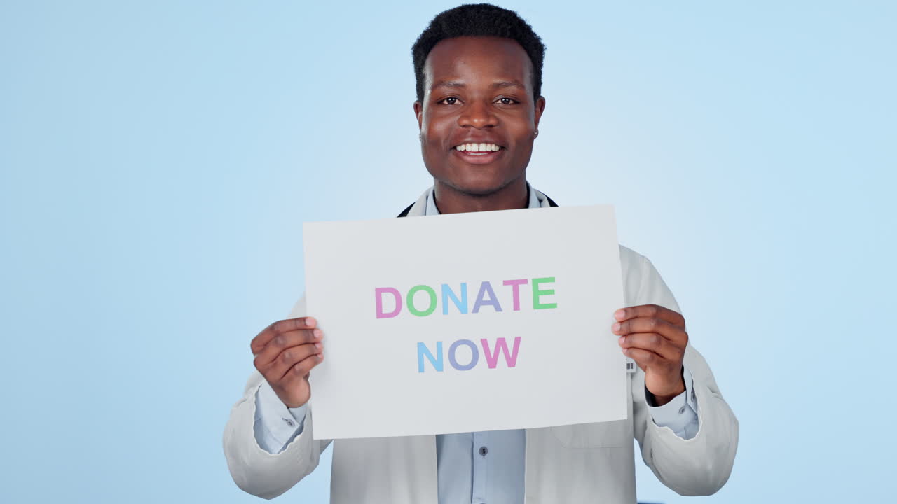 Happy black man, doctor and sign to donate now