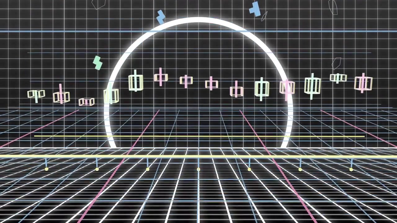 Vanishing grid starting flow, glowing arc taking small cubes, neon frame forming, centering scene