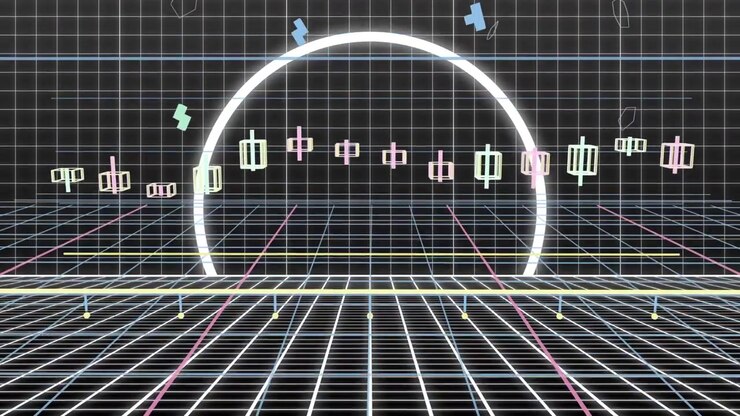 Vanishing grid starting flow, glowing arc taking small cubes, neon frame forming, centering scene