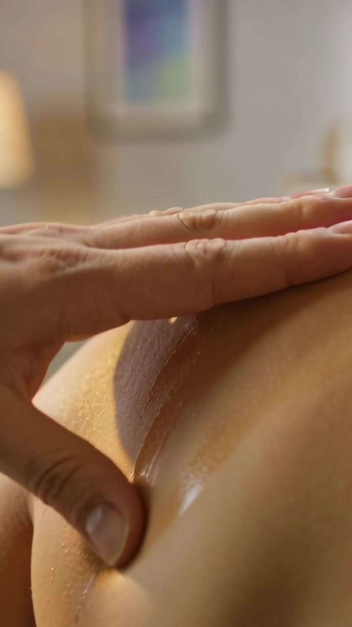 Video verticale: Una mano applica olio su una spalla nuda in una stanza per ottenere una lucentezza uniforme.