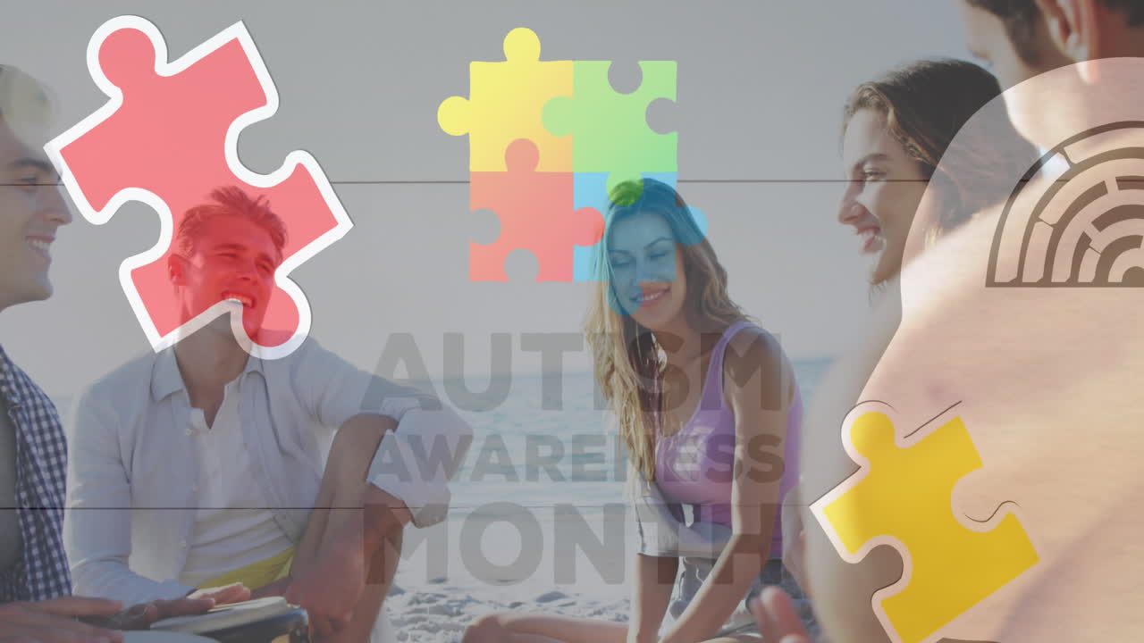 Animation of colourful puzzle pieces and autism text over happy friends at summer beach party