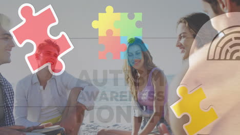 animación de coloridas piezas de rompecabezas y texto de autismo sobre amigos felices en una fiesta de playa de verano