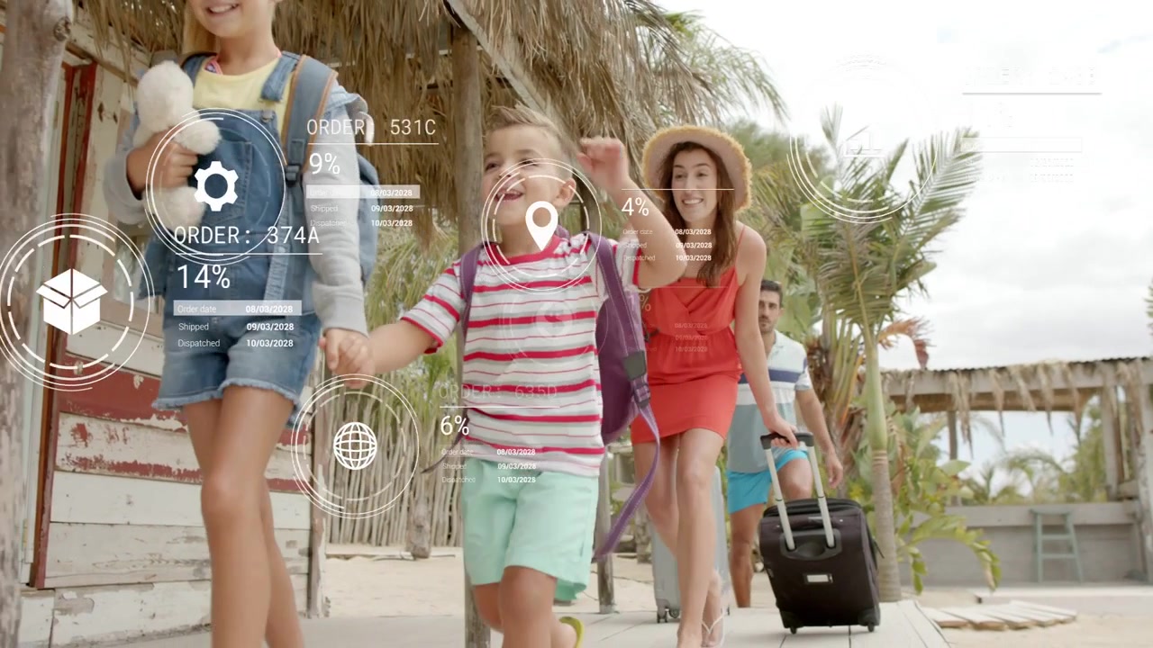 Niños guiando a la familia por un paseo marítimo, cámara rastreando una pantalla de visualización frontal (HUD) con órdenes de viaje y datos de equipaje.