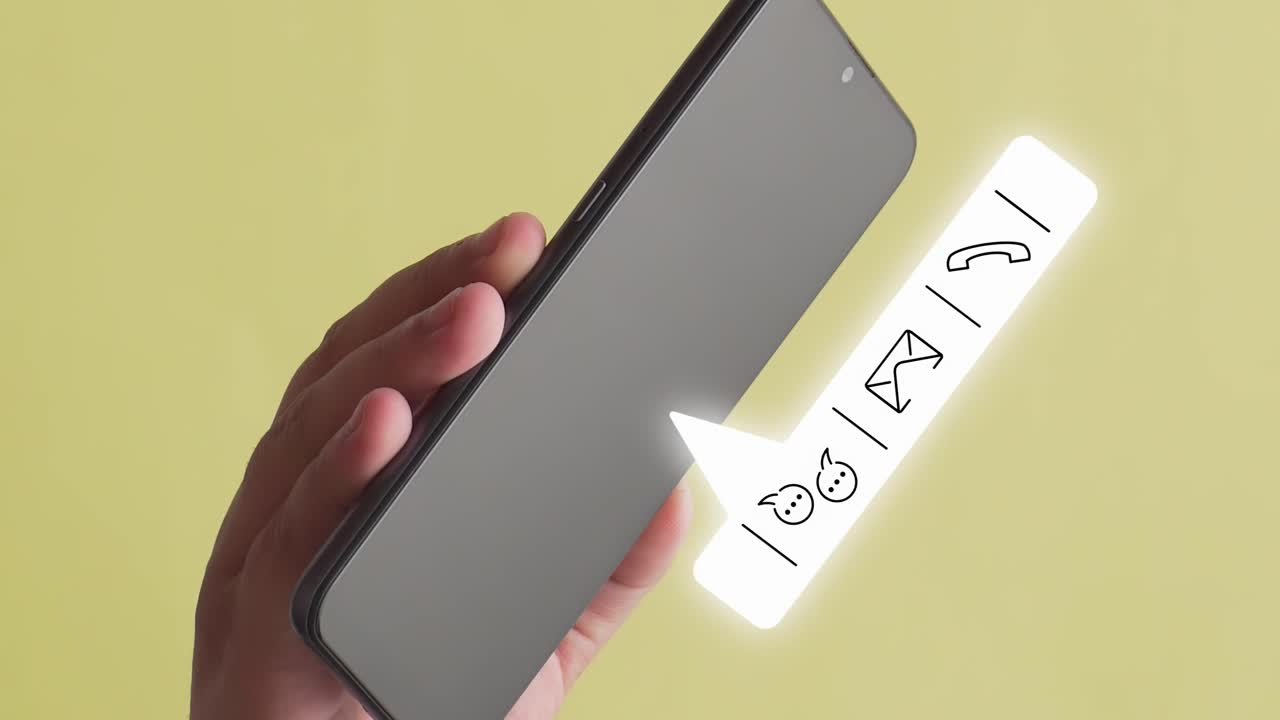 persona que sostiene un teléfono móvil donde aparece la animación de una llamada y símbolos de mensaje, fondo amarillo
