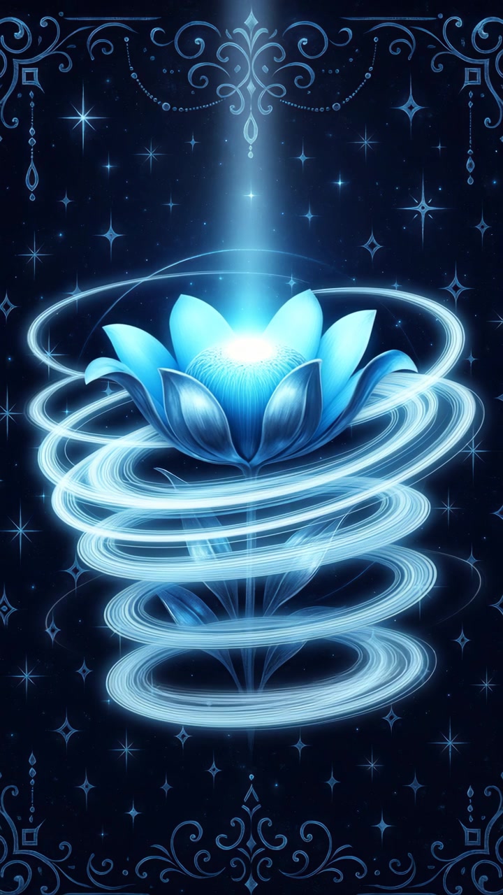 Fiore blu luminoso con anelli di luce rotanti nello spazio cosmico