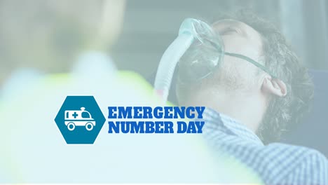 Animation-of-emergency-number-day-over-diverse-paramedic-with-patient-and-ambulance