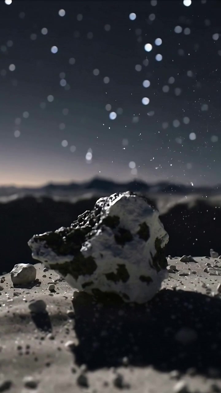 Video verticale: Panoramica della telecamera che mostra una roccia chiara con segni scuri che proietta una lunga ombra su polvere piana