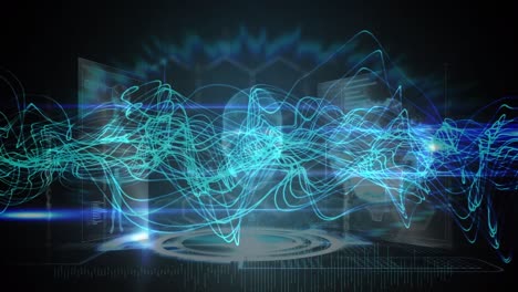 Animation-of-waves-and-diverse-data-on-black-and-blue-digital-screen