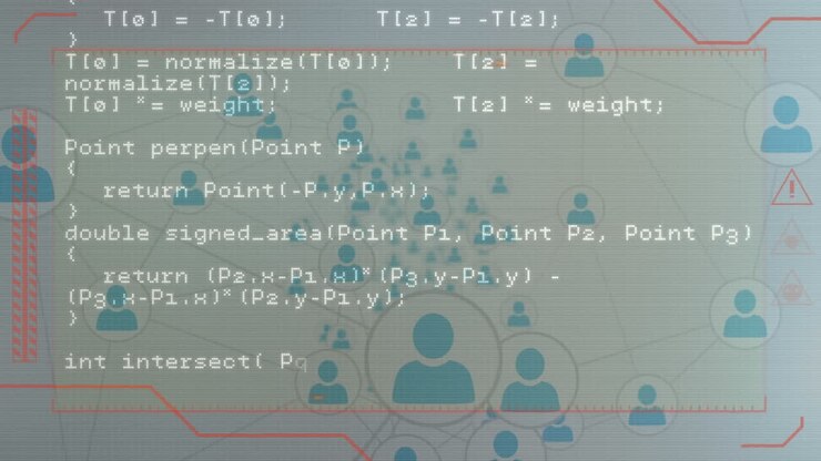 Animation of computer language over profile icons against white background