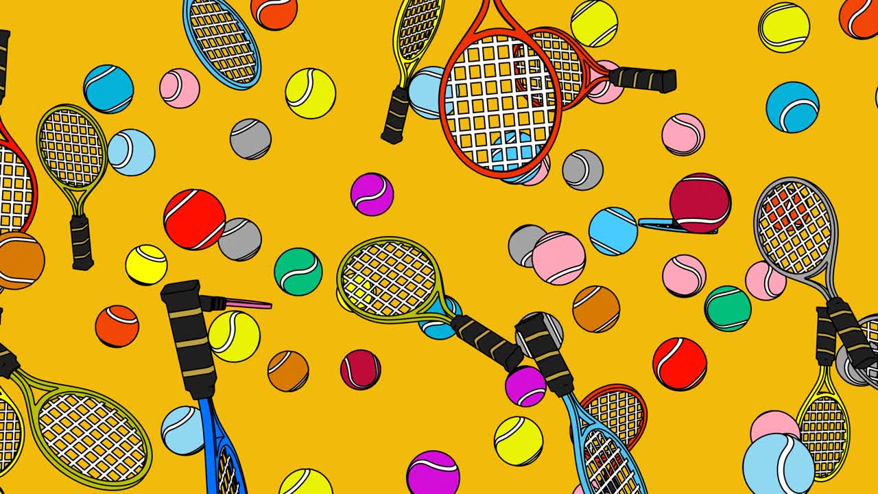 노란색 배경에 다채로운 테니스 공과 테니스 라켓을 그렸습니다.