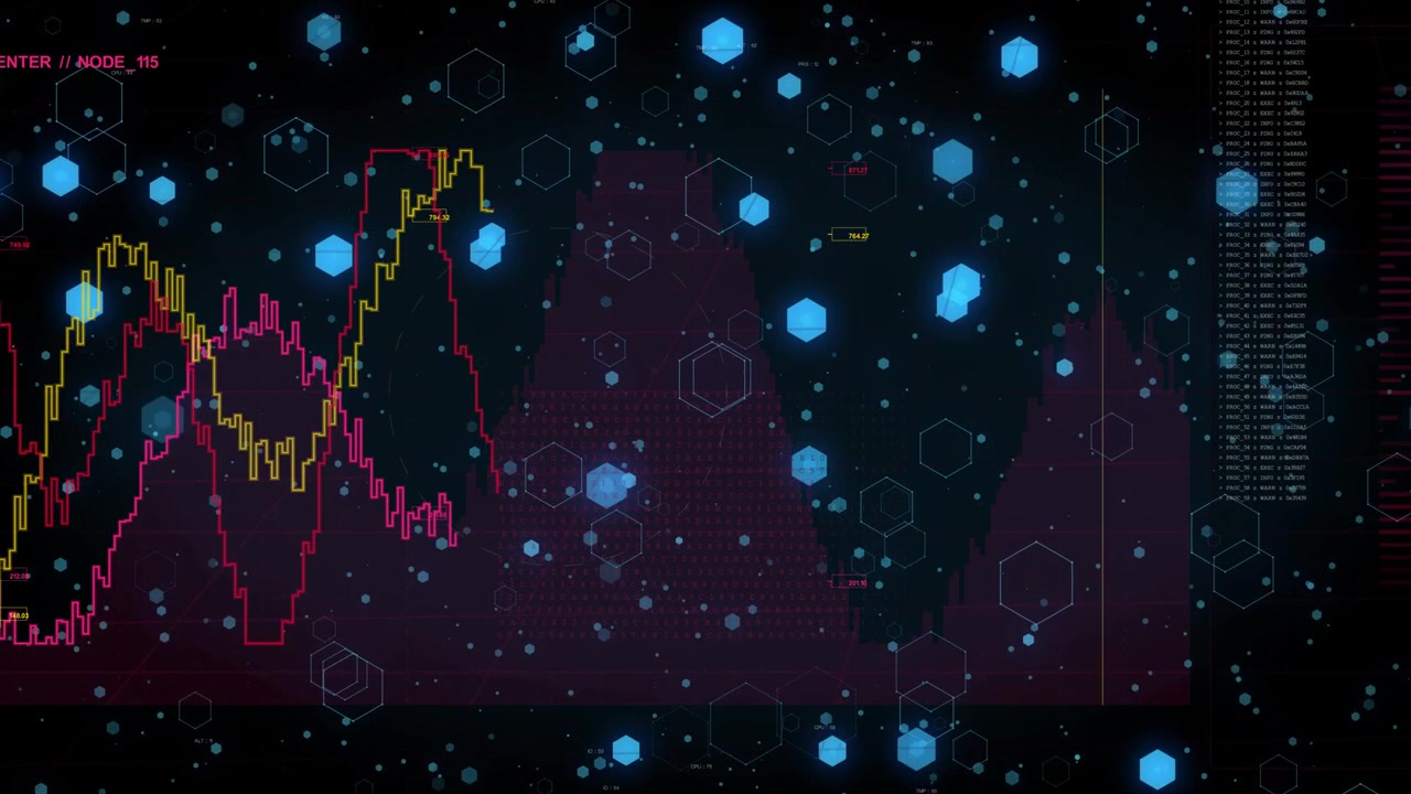 Data stream arriving, updating UI for ops with drifting blue hex and climbing magenta or yellow trac