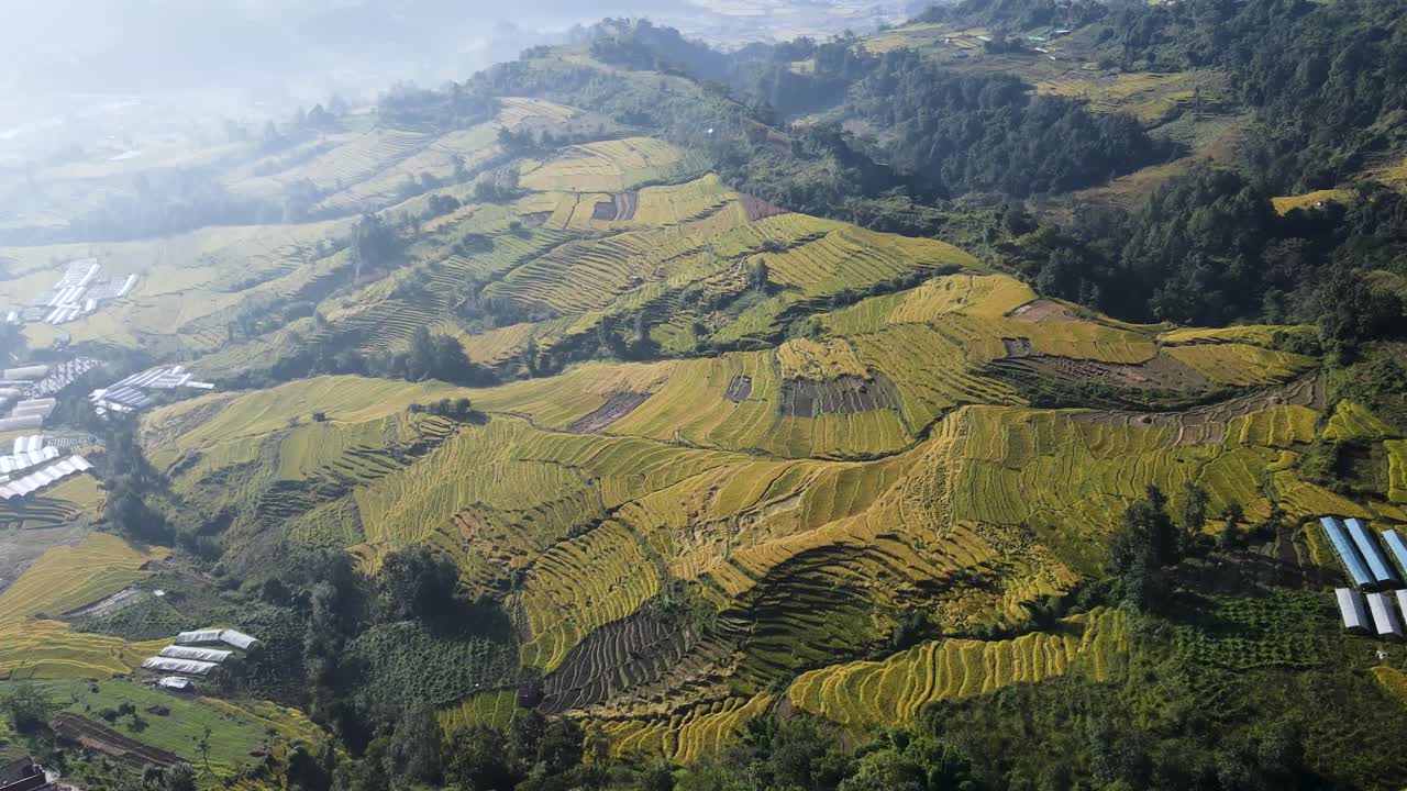 The aerial view shows terrace paddy farmland in Kathmandu, Nepal