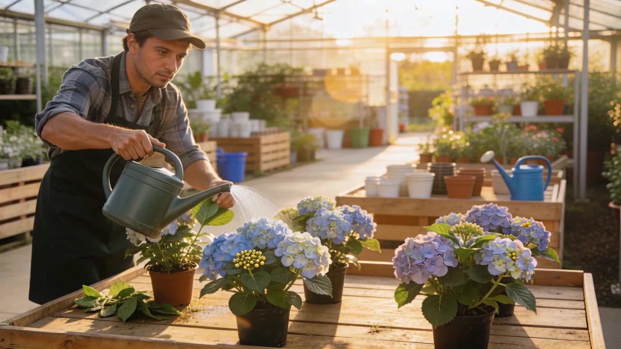 Un operaio del vivaio con cappello e grembiule che versa da un annaffiatoio verde sulle ortensie per la loro cura, con spazio per il testo.