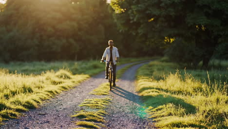 a man rides and stands with his bicycle on a scenic nature path at sunset or sunrise.