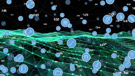 Animation-of-network-of-connections-with-icons-over-green-shapes-on-black-background