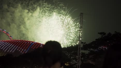 female spectators watching scenic fireworks display in the sky over marina bay on the night of singapore national day celebration - medium shot, slow motion