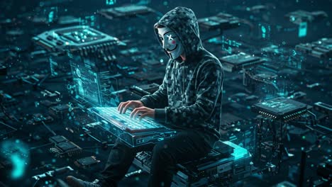 mysterious hacker wearing a mask codes in a futuristic cyber environment filled with glowing circuits and technology