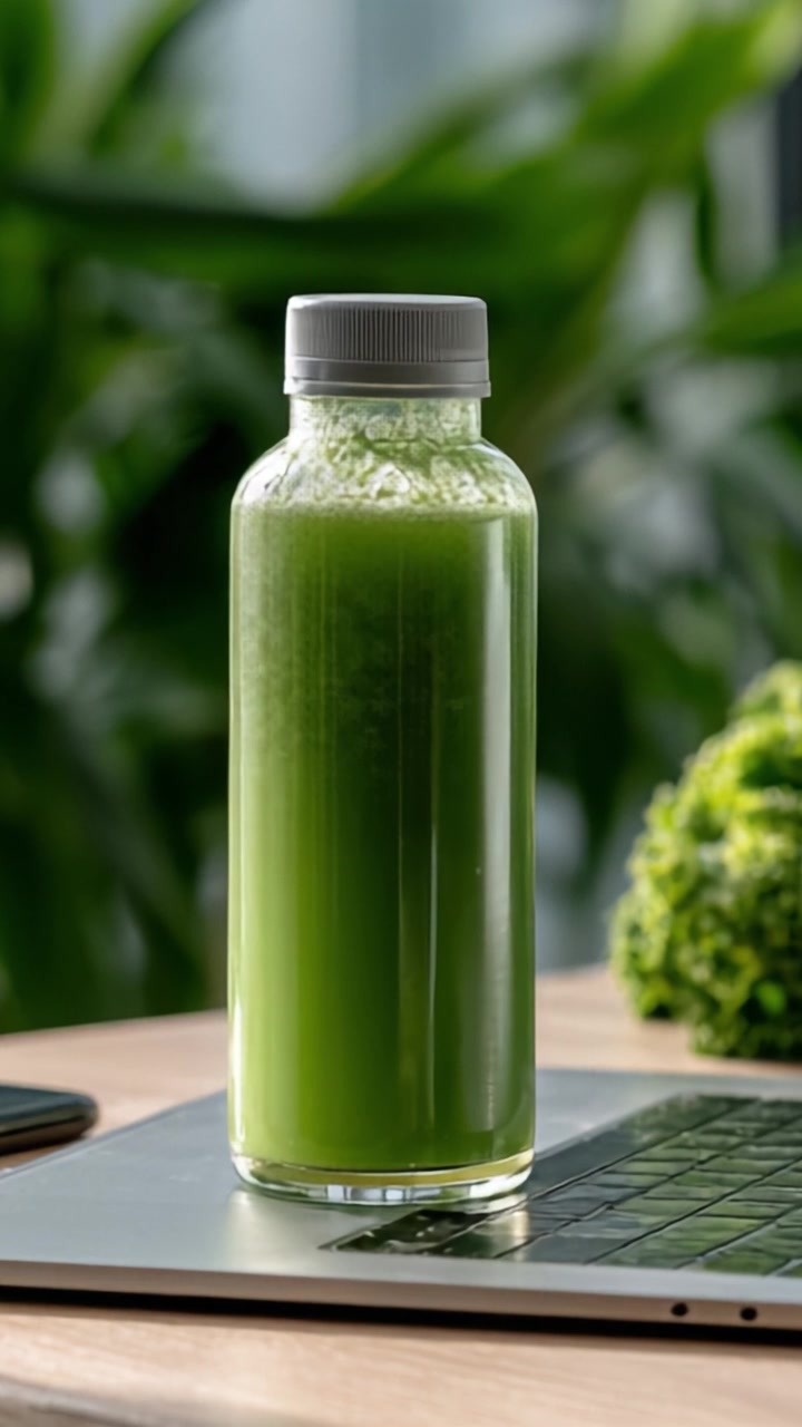 Bevanda verde rinfrescante in una bottiglia trasparente appoggiata su un laptop, circondata da una vegetazione lussureggiante, a significare uno stile di vita sano e opzioni di benessere.
