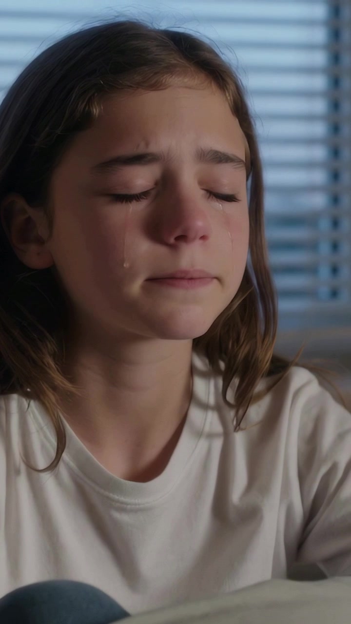 Vertical video: Closing eyes female teen in white tee shedding tears on seat by blinds, with pillow