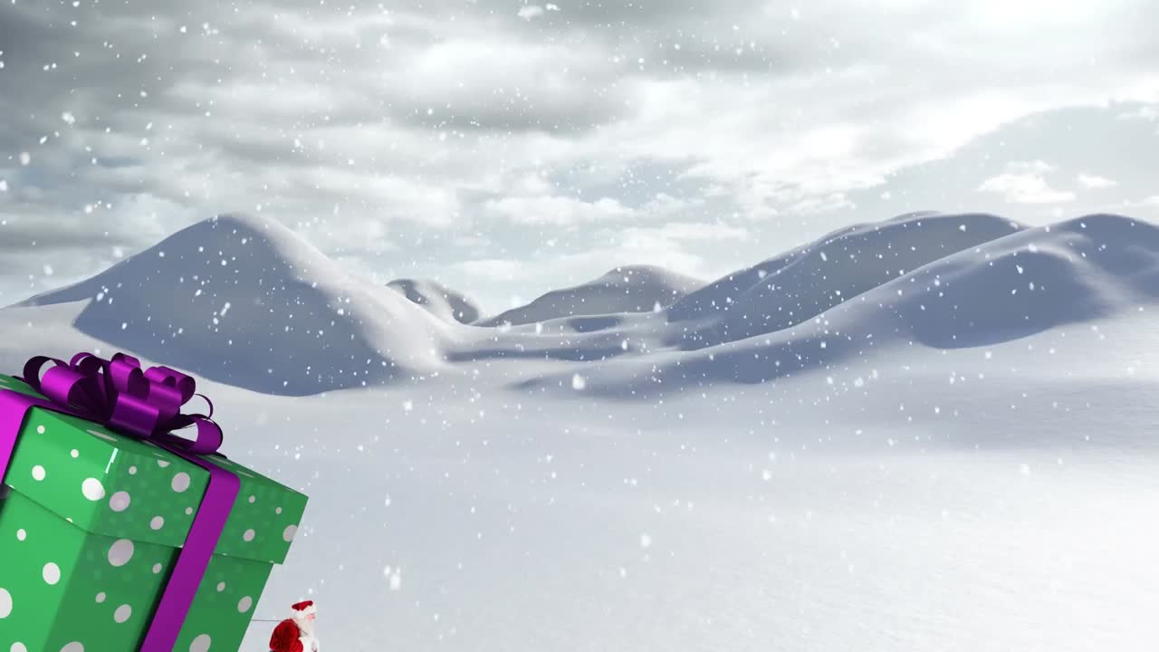 산타클로스가 거대한 크리스마스 선물과 겨울 풍경에 내리는 눈을 들고 있는 애니메이션